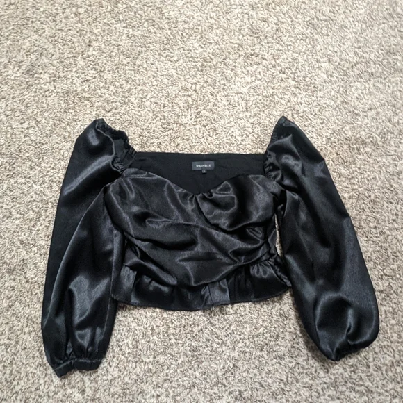 Majorelle Black Satin Cropped Puff Sleeve Top - Picture 2 of 11